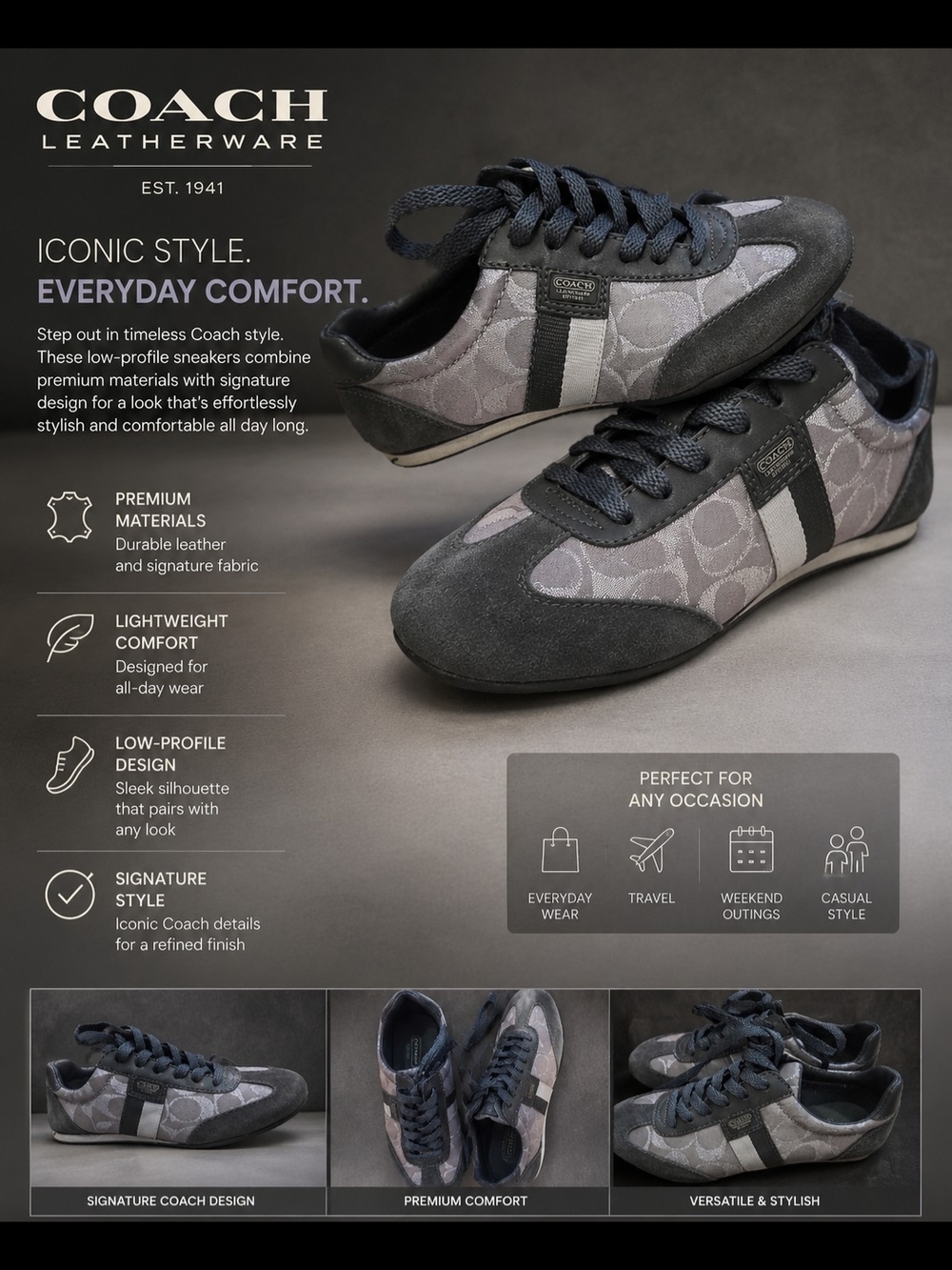 COACH Leatherware Gray Signature Low-Profile Sneakers
